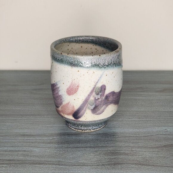 Handmade Pottery Yunomi Tea Cup – Abstract Brushstroke Design – 3" x 4" - Picture 1 of 8
